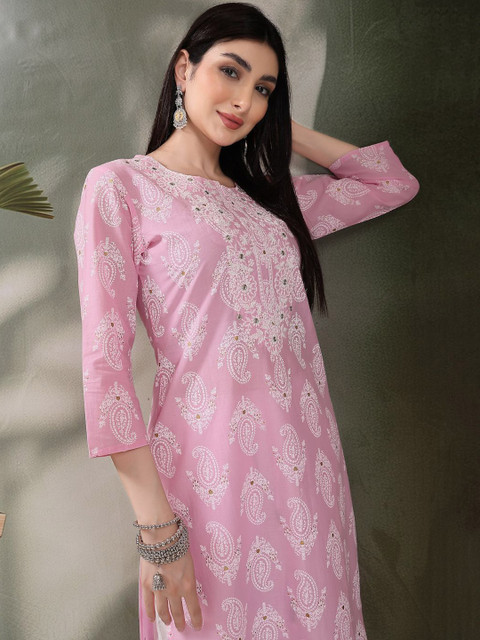 Sangria Paisley Printed Thread Work Notch Neck Pure Cotton Straight Kurta