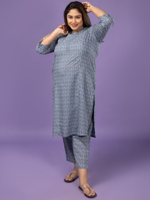 Sizeupp Printed Pure Cotton Plus Size Round Neck Top with Trousers Co-Ords