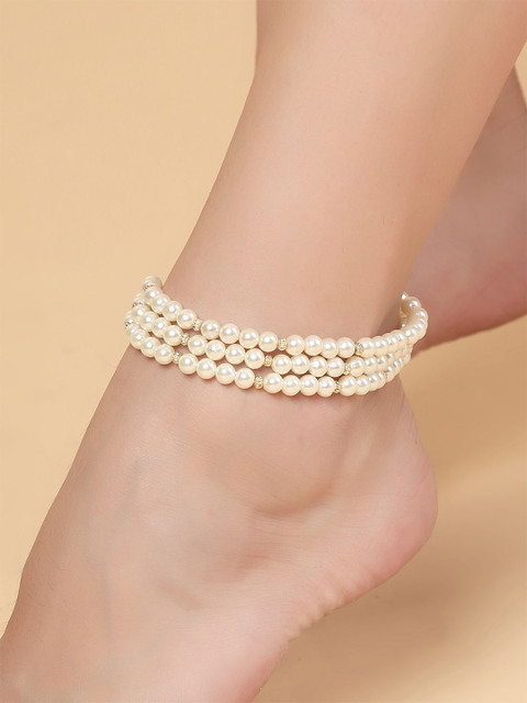 KARATCART Gold-Plated Pearls Beaded Layered Anklet