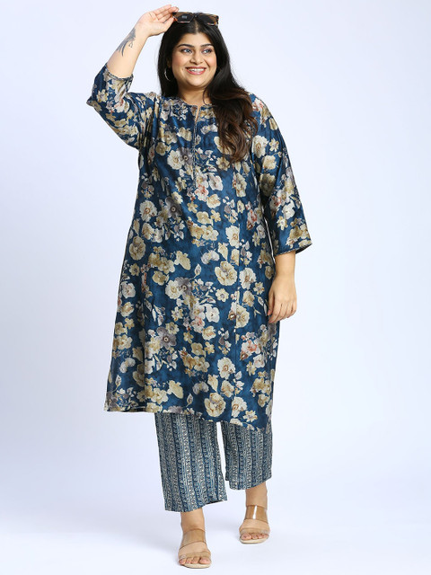 Sizeupp Printed Plus Size V-Neck Top with Trousers Co-Ords