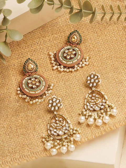 Zaveri Pearls Set Of 2 Gold-Plated Artificial Stones Studded & Beaded Drop Earrings
