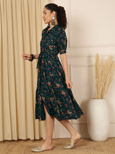 Anouk Women Floral Printed Shirt Collar Anarkali Ethnic Kurta - Image 4