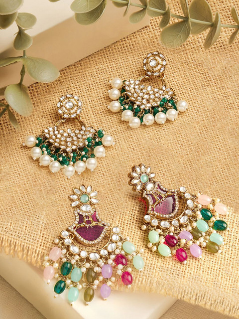 Zaveri Pearls Set Of 2 Gold-Plated Artificial Stones Studded & Beads Beaded Drop Earrings