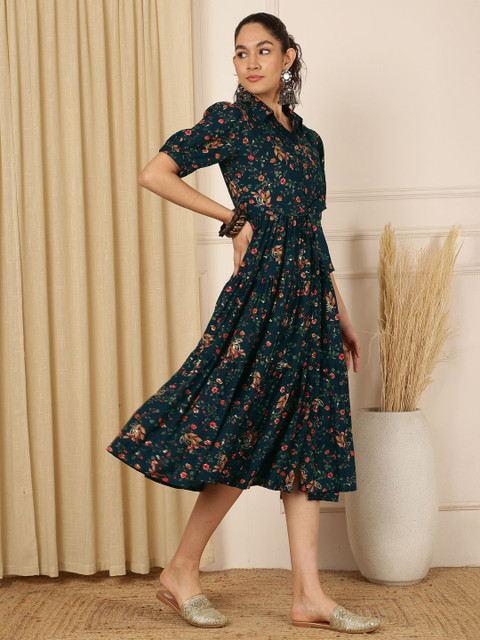 Anouk Women Floral Printed Shirt Collar Anarkali Ethnic Kurta - Image 3