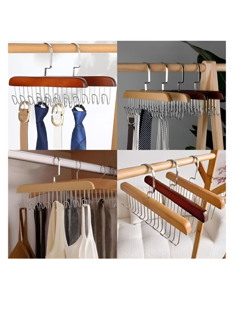 DeoDap Beige & Silver-Toned Space Saving 8-Hook Wooden Hanger - Image 5