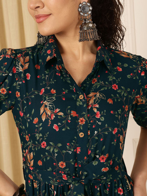 Anouk Women Floral Printed Shirt Collar Anarkali Ethnic Kurta - Image 2