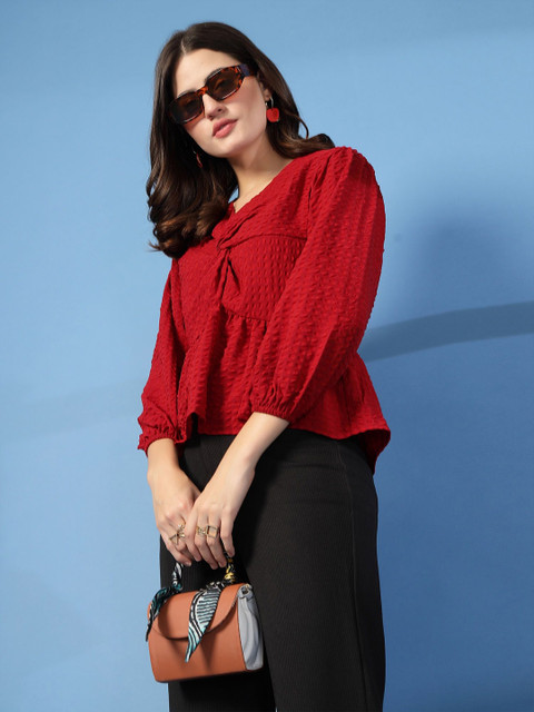 BEING NAUGHTY Women Self Design Puff Sleeves Peplum Crop Top