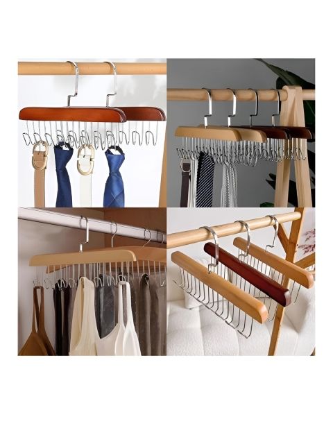 DeoDap Beige & Silver-Toned Space Saving 8-Hook Wooden Hanger - Image 6
