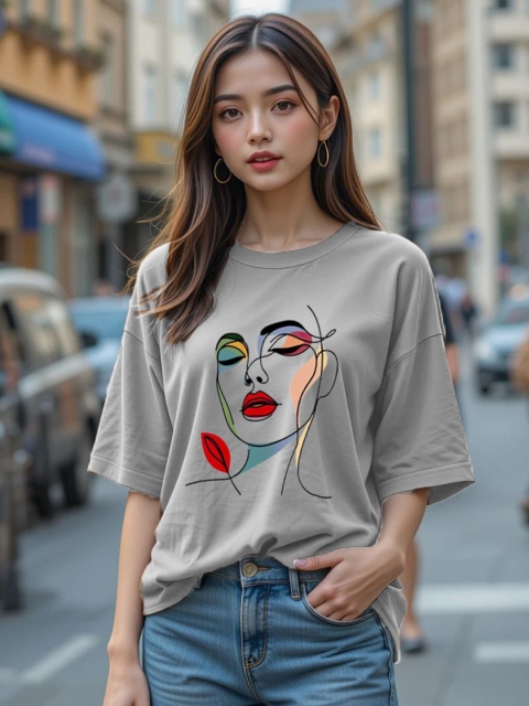 Genzy Graphic Printed Round Neck Extended Sleeves Oversized T-Shirt