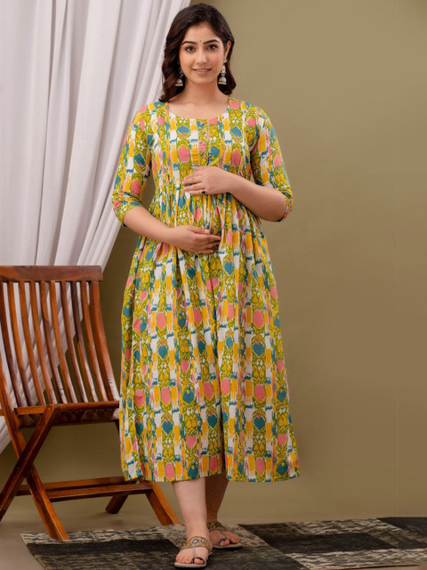 Moda Rapido Floral Printed Round Neck Cotton Maternity Anarkali Kurta