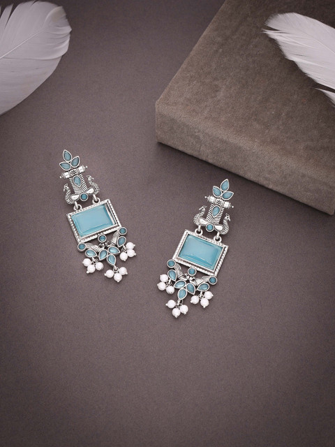 Sangria Oxidized Silver-Plated Artificial Studded & Beaded Contemporary Drop Earrings