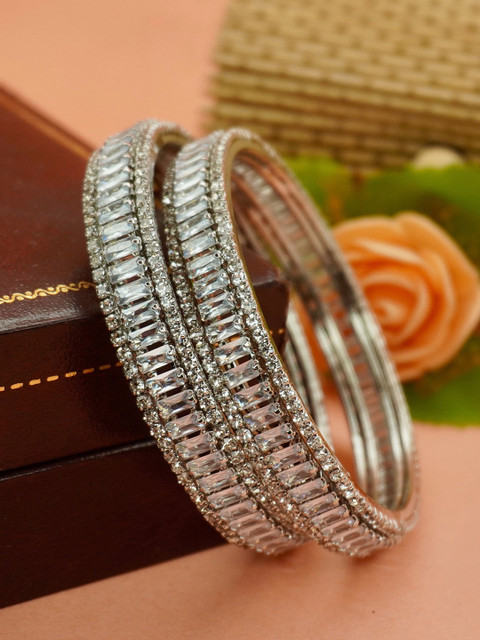 Panini jewels Set of 2 White & Silver-Toned Rhodium Plated Crystal Studded Bangles