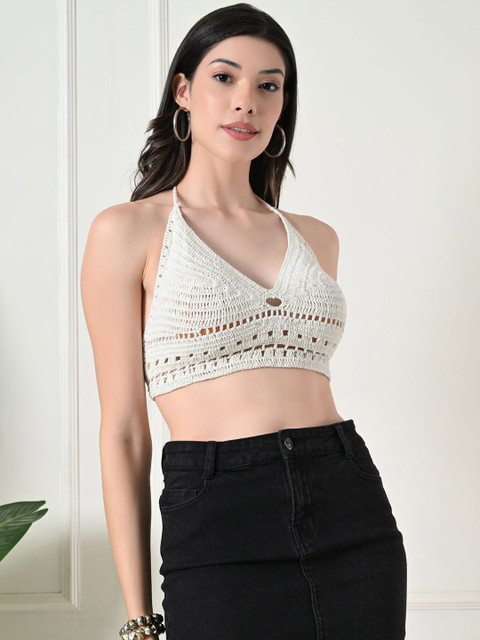 Da Intimo Cotton Halter Neck Bralette Crochet Crop Top