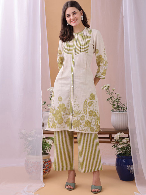 Fourleaf Floral Printed Mandarin Collar Top With Palazzo Co-Ords