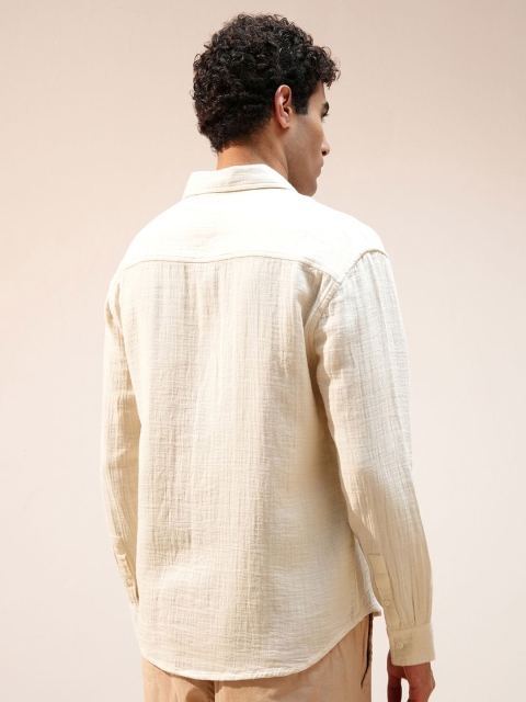 HIGHLANDER Men Cream Double Cloth Dobby Textured Relaxed Fit Shirt - Image 5