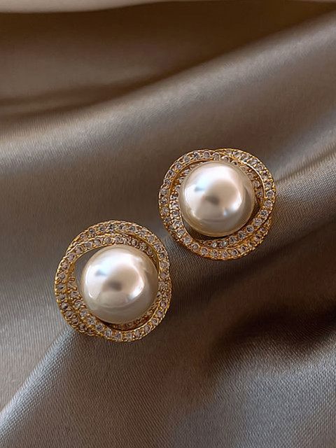 Anouk Korean Gold-Plated Pearls Beaded and Artificial Stones Studded Circular Studs
