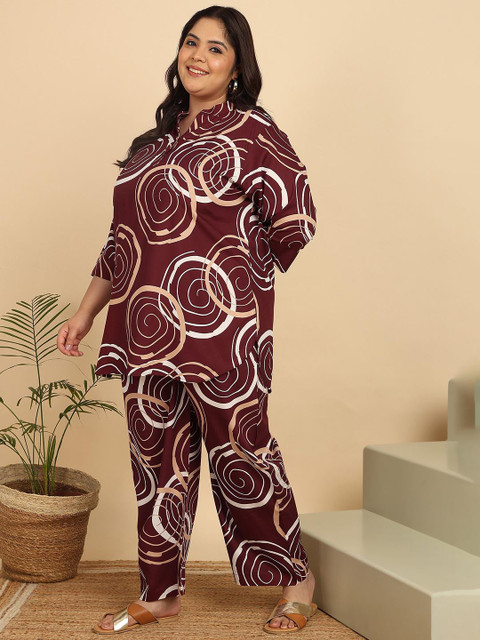 ISHQY Plus Size Printed Pure Cotton Top With Palazzo Co-Ords