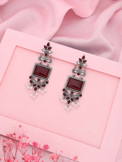 Sangria Silver- Plated Artificial Stones And Beads Square Shaped Drop Earrings