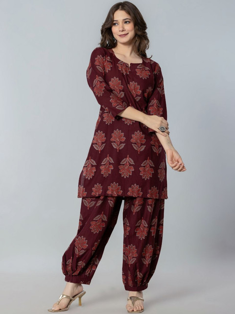 Amayra Floral Printed Notch Neck Pure Cotton Straight Kurta With Afghani Salwar