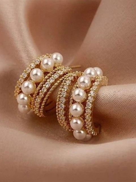 Tiso Korean Gold-Plated Pearls Beaded Contemporary Half Hoop Earrings