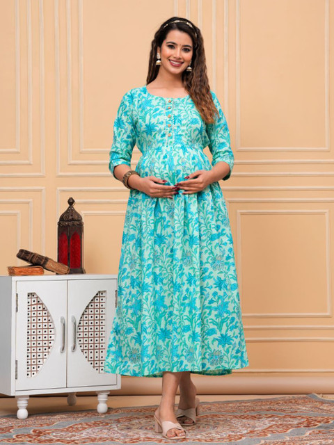 Moda Rapido Floral Printed Round Neck Cotton Maternity Anarkali Kurta