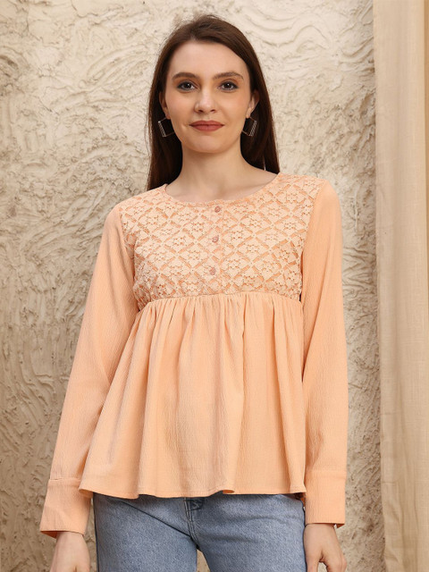 JAKANARY Women Lace Inserts Round Neck Cuffed Sleeves Empire Top