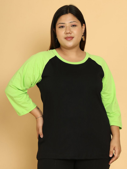 theRebelinme Plus Size Colourblocked Round Neck Relaxed Fit Cotton T-shirt