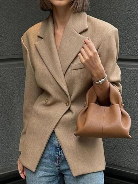 bebe Beige Asymmetric Double-Breasted Blazer with Peak Lapels - Image 5