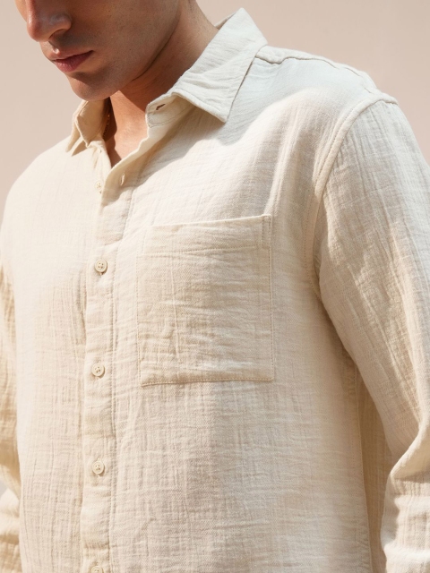 HIGHLANDER Men Cream Double Cloth Dobby Textured Relaxed Fit Shirt - Image 3