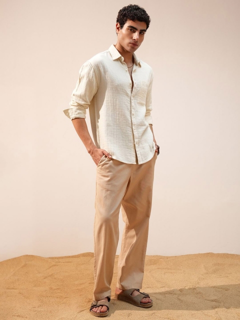 HIGHLANDER Men Cream Double Cloth Dobby Textured Relaxed Fit Shirt - Image 6