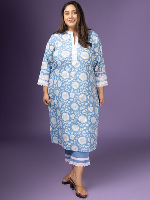 Sizeupp Printed Pure Cotton Plus Size Mandarin Collar Top with Trousers Co-Ords