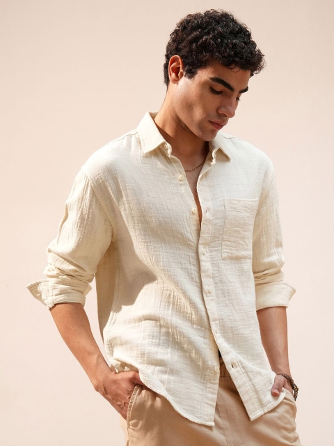HIGHLANDER Men Cream Double Cloth Dobby Textured Relaxed Fit Shirt - Image 4