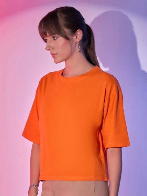 QIOA Women Solid Relaxed Fit Round Neck Cotton T-shirt