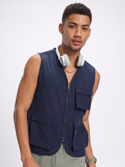 glitchez Pockets Collarless Fitted Gilet Jacket