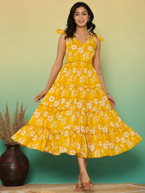 KASYA Floral Printed Cotton Fit & Flared Midi Dress