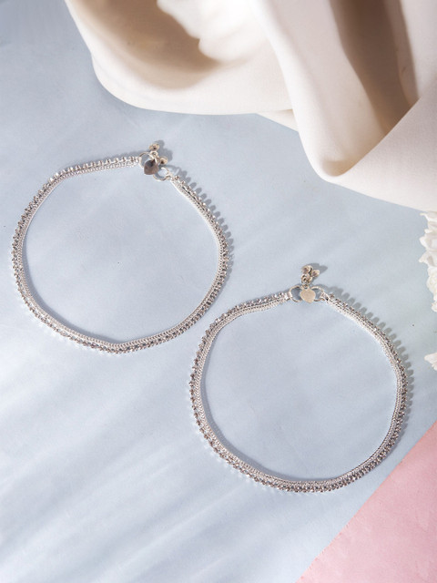 DIVASTRI Set Of 2 Sttainless Steel Silver-Plated Artificial Stones Beaded Anklet