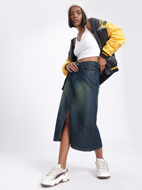glitchez Straight Fit Front Slit Denim Skirt