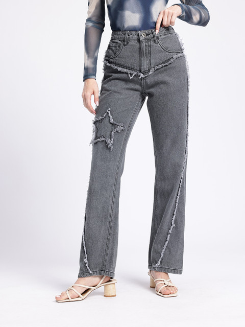 glitchez Women Straight Fit Applique Frayed Jeans