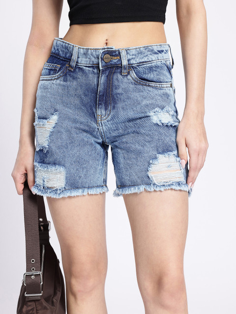 glitchez Women Faded Distressed & Frayed Denim Shorts