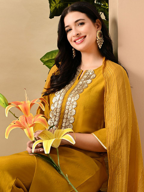 Sangria Embroidered Keyhole Neck Bell Sleeves Kurta & Palazzos Set With dupatta