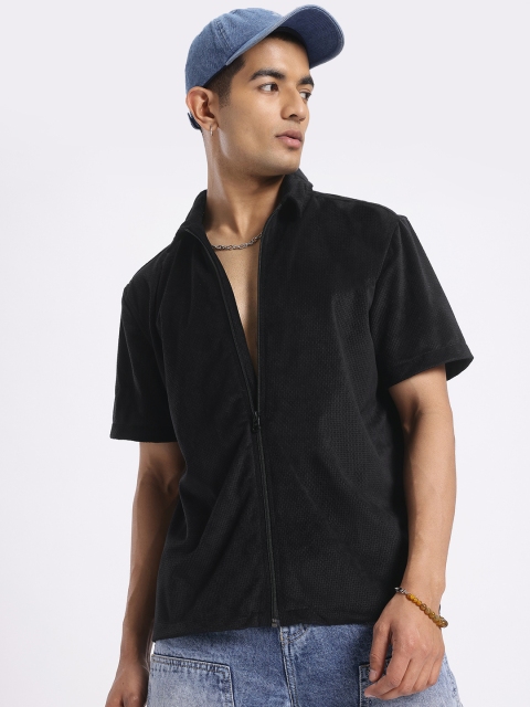 glitchez Relaxed Fit Basket Grid Velvet Finish Shirt