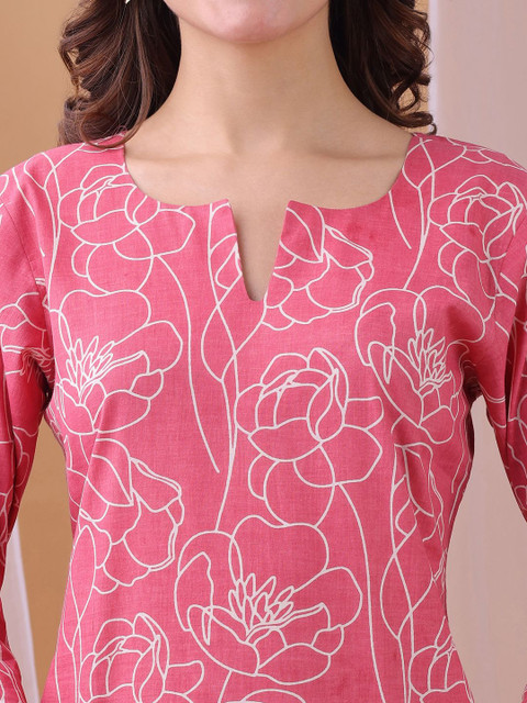 Saanjh Printed V-Neck Pure Cotton Top With Trousers Co-Ords - Image 2