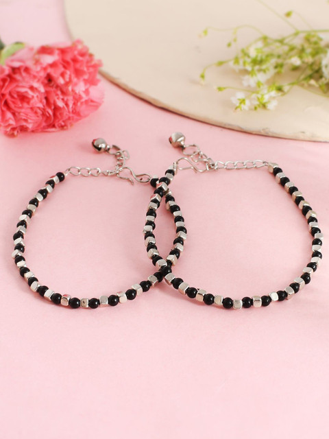 DIVASTRI Set Of 2 Sttainless Steel Silver-Plated Artificial Stones Beaded Anklet