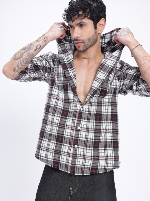 glitchez Hooded Raw Hem Checked Oversized Shirt