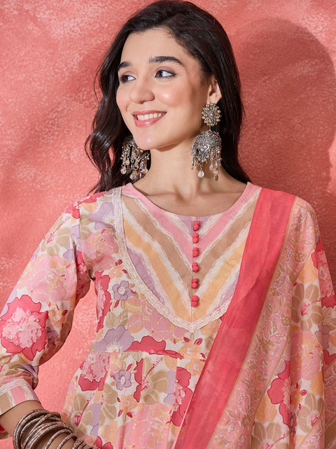 Sangria Women Floral Printed Pure Cotton Round Neck Kurta Trouser With Dupatta Set - Image 2