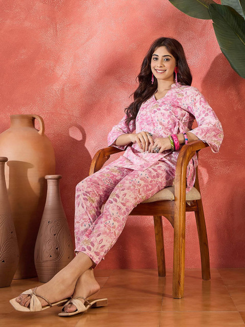 Sangria Floral Printed Pure Cotton Top With Trousers Co-Ords