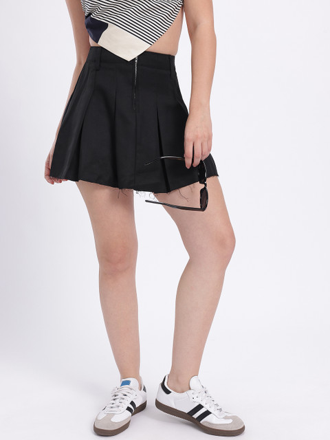 glitchez Pleated Raw Hem Mini Flared Skirt