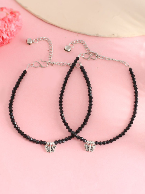 DIVASTRI Set Of 2 Sttainless Steel Silver-Plated Artificial Stones Beaded Anklet