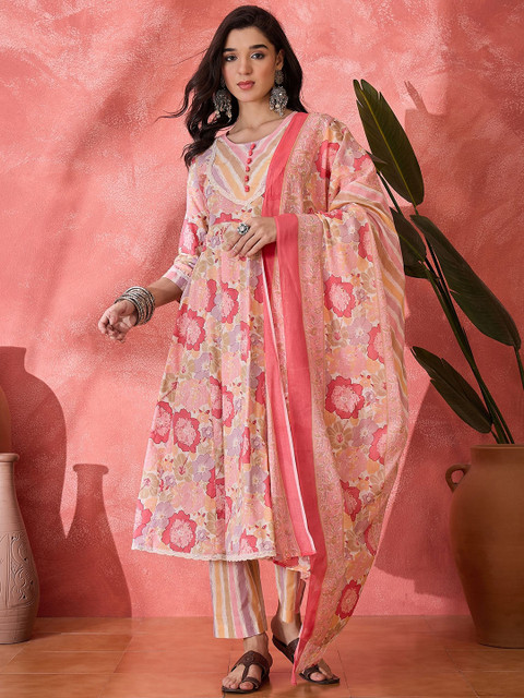 Sangria Women Floral Printed Pure Cotton Round Neck Kurta Trouser With Dupatta Set - Image 7
