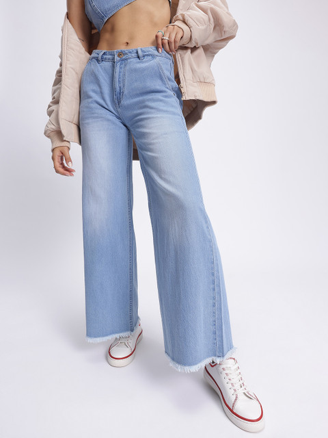 glitchez Women Everyday Essentials Frayed Denim Wide Leg Jeans